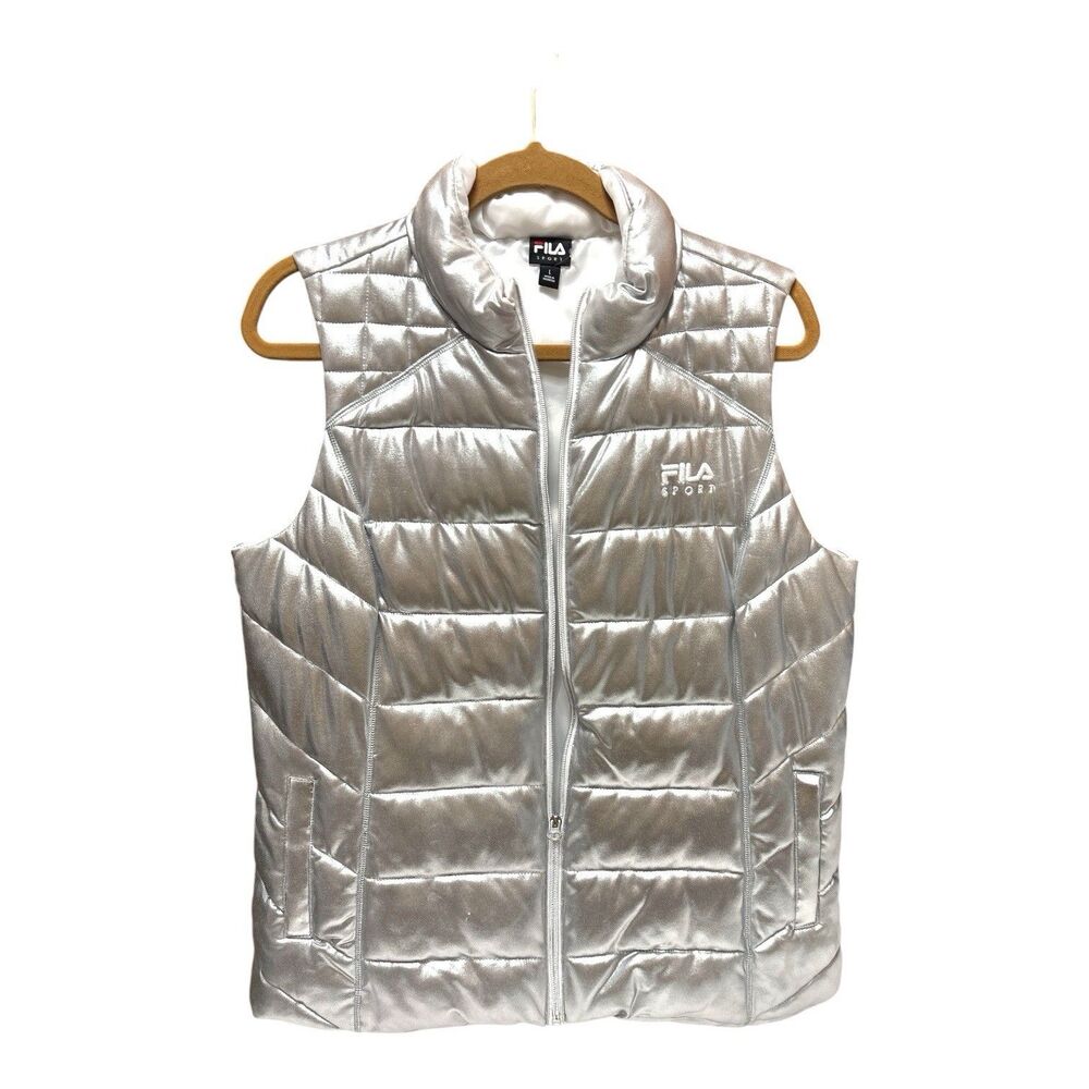 FILA SPORT Women’s Puffer Vest Silver Metallic Full Zip Jacket Size Large
